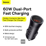 شارژر فندکی خودرو 60W با دو پورت USB و کانکتور از جنس طلا بیسوس